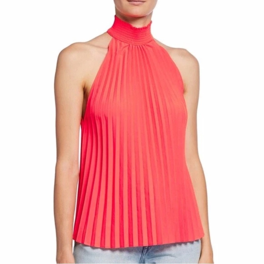 A.L.C. Imani Top 8 Bright Coral Pleat Mock Neck Ruffle Eqdge Sleeveless Blouse